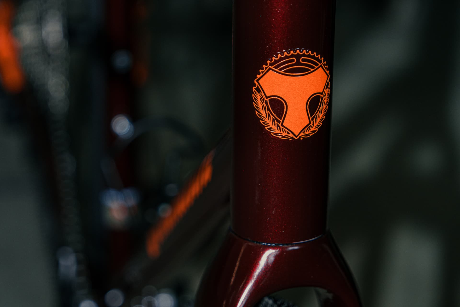 Close-up of the orange Tommasini crest on the burgundy Controvento head tube
