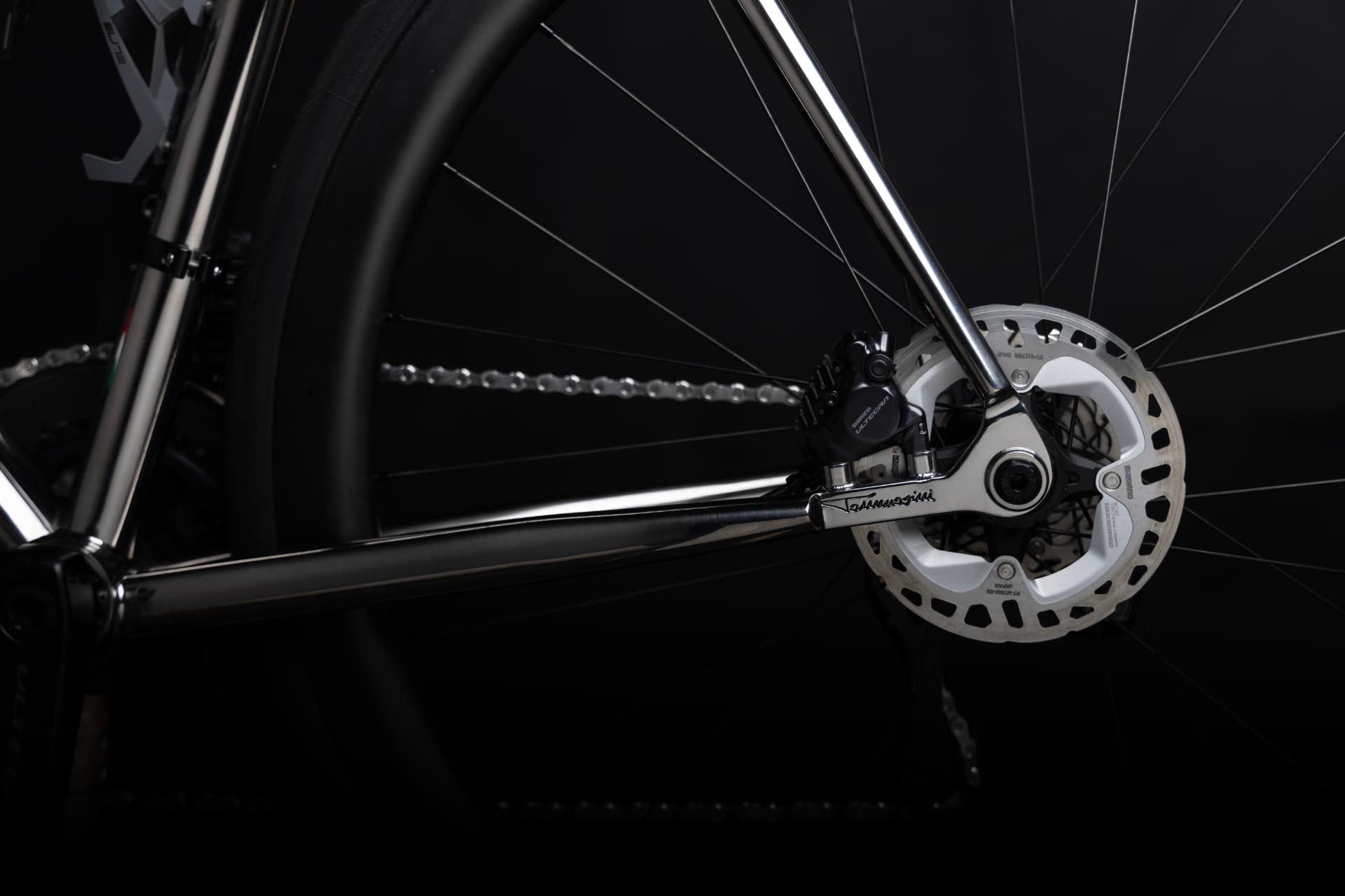 Close-up of the Mach Ti disc brake and Tommasini signature on the chainstay