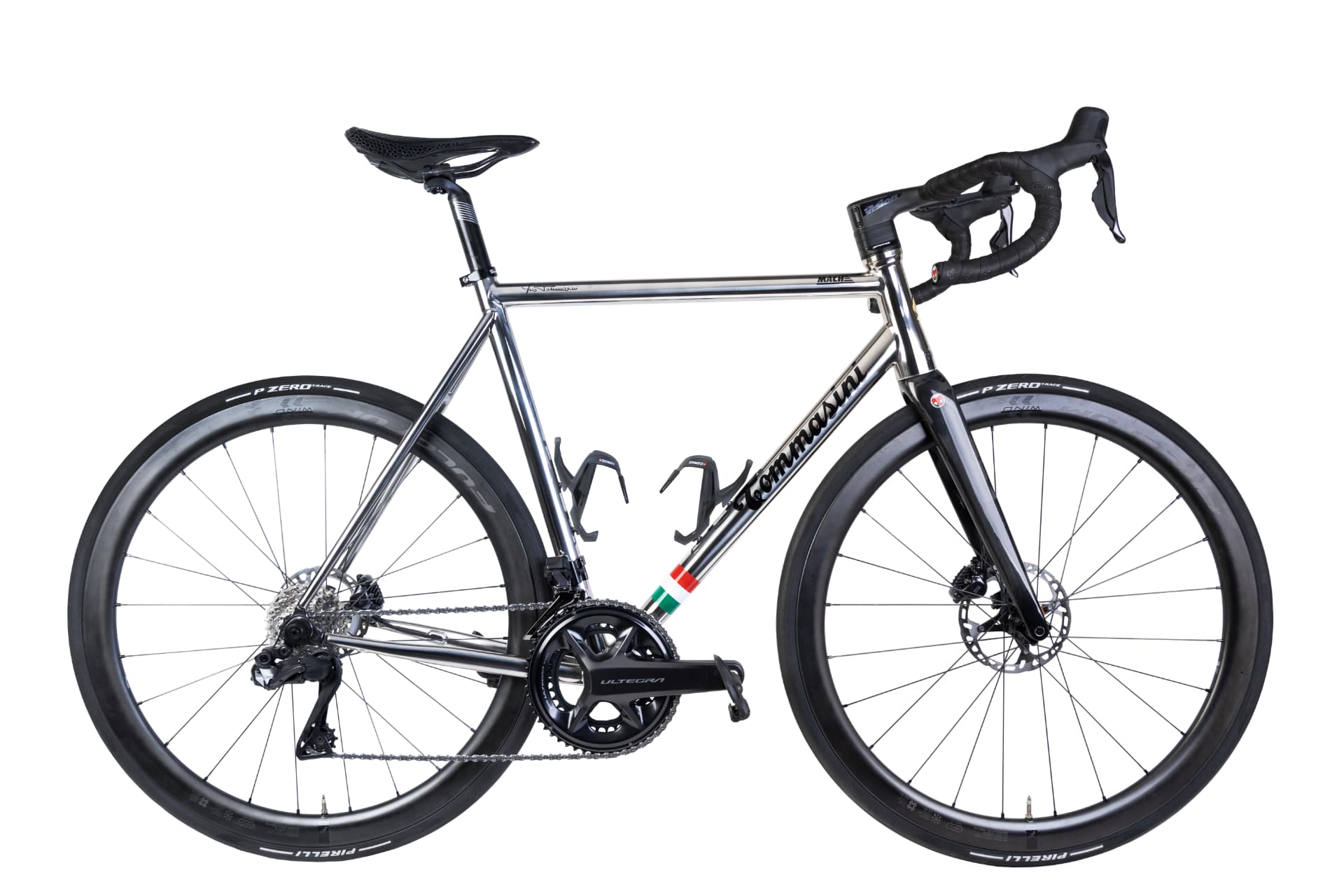 Tommasini MACH Ti road bike in polished titanium with Italian tricolour accent, studio shot