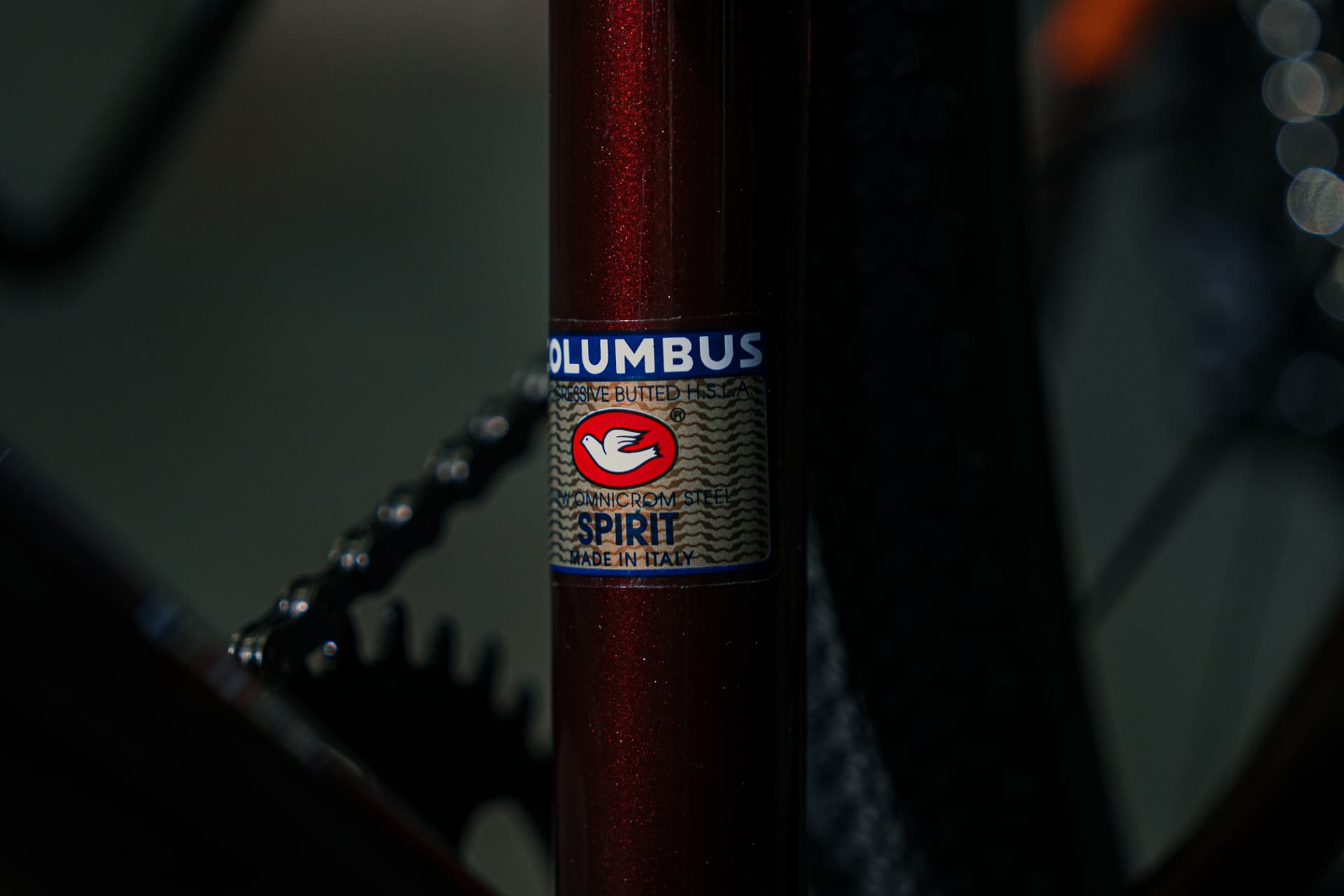 Close-up of the Columbus Spirit decal on the burgundy Impanga seat tube